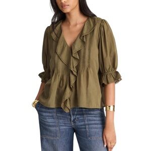 Madewell Kelly Pintucked Ruffled Puff-Sleeve Top Shirt NWT XL Olive Green